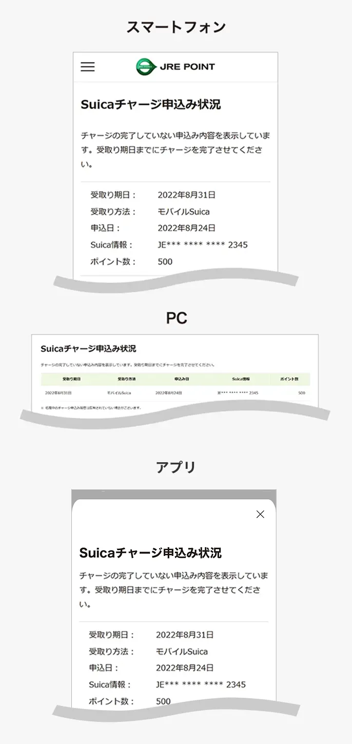 Suicaチャージ 申込み状況画面