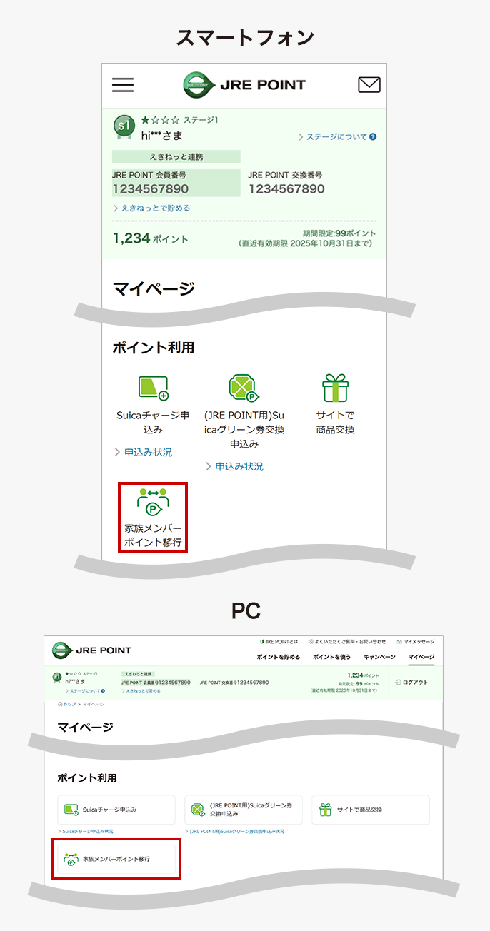 家族メンバーポイント移行ボタン位置説明