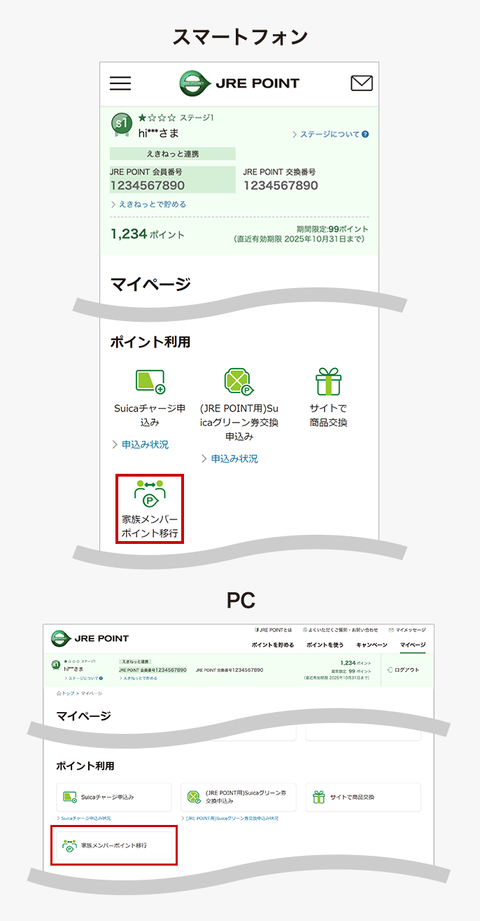家族メンバーポイント移行ボタン位置説明